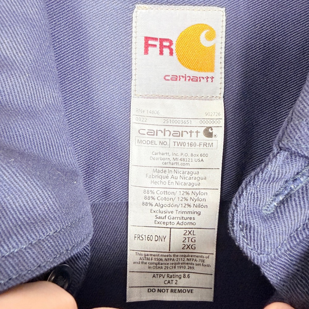 Carhartt FR Flame Resistant Shirt Mens 2XL Blue TW0160-FRM ASTM F1506 NFPA 2112 - Picture 3 of 10